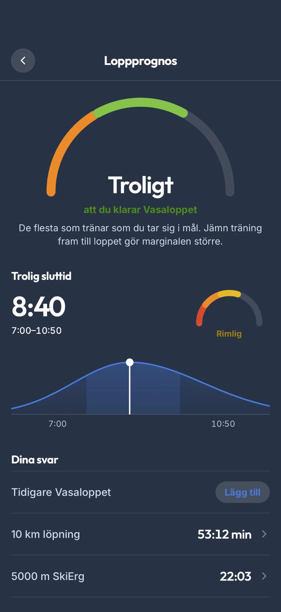 The race forecast in the app: likely that you finish Vasaloppet, likely finish time 8:40